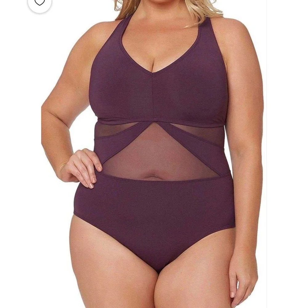Bleu Rod Beattie One Piece Swimsuit Grenache Burgundy Mesh Strappy Back size 6